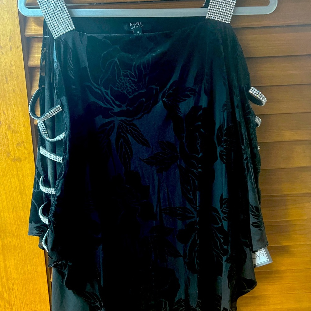 Black dressy top, attached cape style over tank with rhinestones